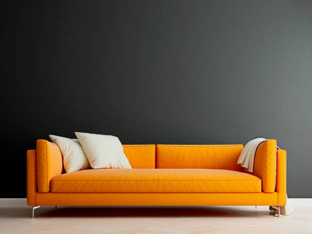 Black mock up wall with orange sofa in modern interior background, living room, Scandinavian style, 3D render, 3D illustration